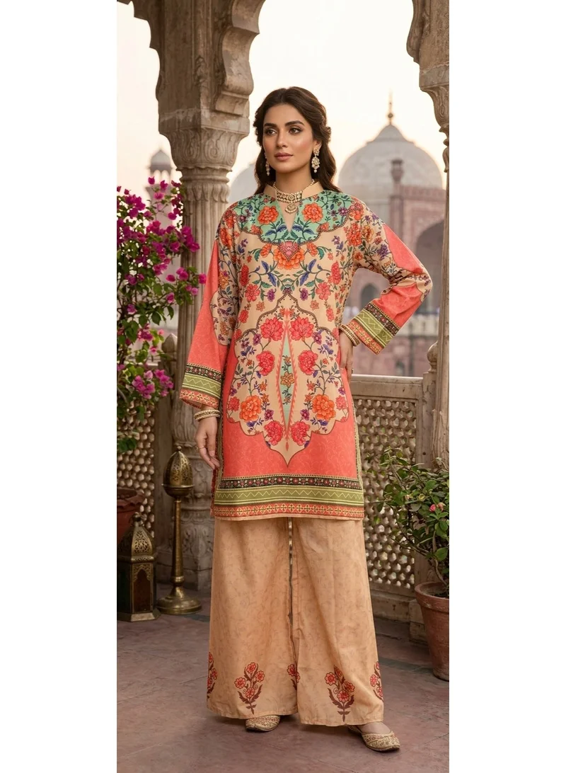 2-Piece Floral Print Ethnic Suit for Women - Orange & Beige