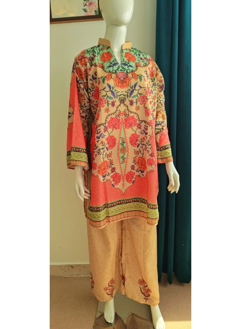 Bazm-A Fashion Atelier  2-Piece Floral Print Ethnic Suit for Women - Orange & Beige for Women | Best Price UAE