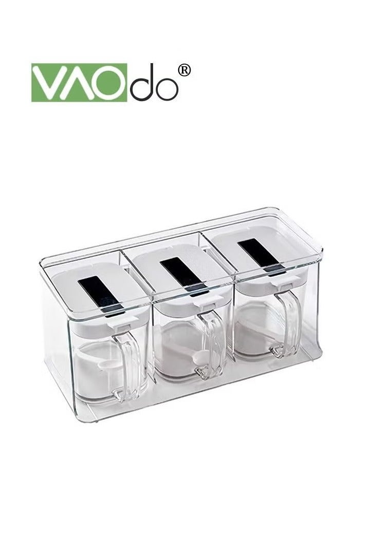 VAOdo Kitchen Spice Pots 4 Pieces Clear Seasoning Box, Storage Container Condiment Jars Acrylic Seasoning Box with Cover and Spoon 3 Grids Clear Seasoning Box with Handle and Spoon Hanging Storage Hanging