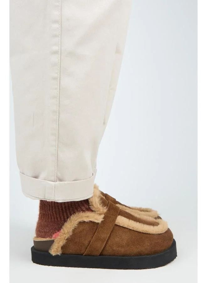 (Ecemi Platform) Women's Genuine Leather Fur Loafer Platform Taba Sandal.