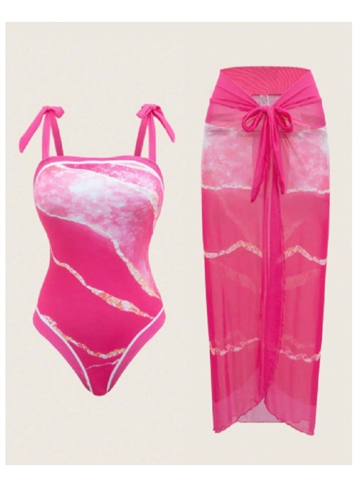 Shein Swim Oasis Summer Beach Women Printed Strap Beachwear Set, Including One-Piece  - Image 1