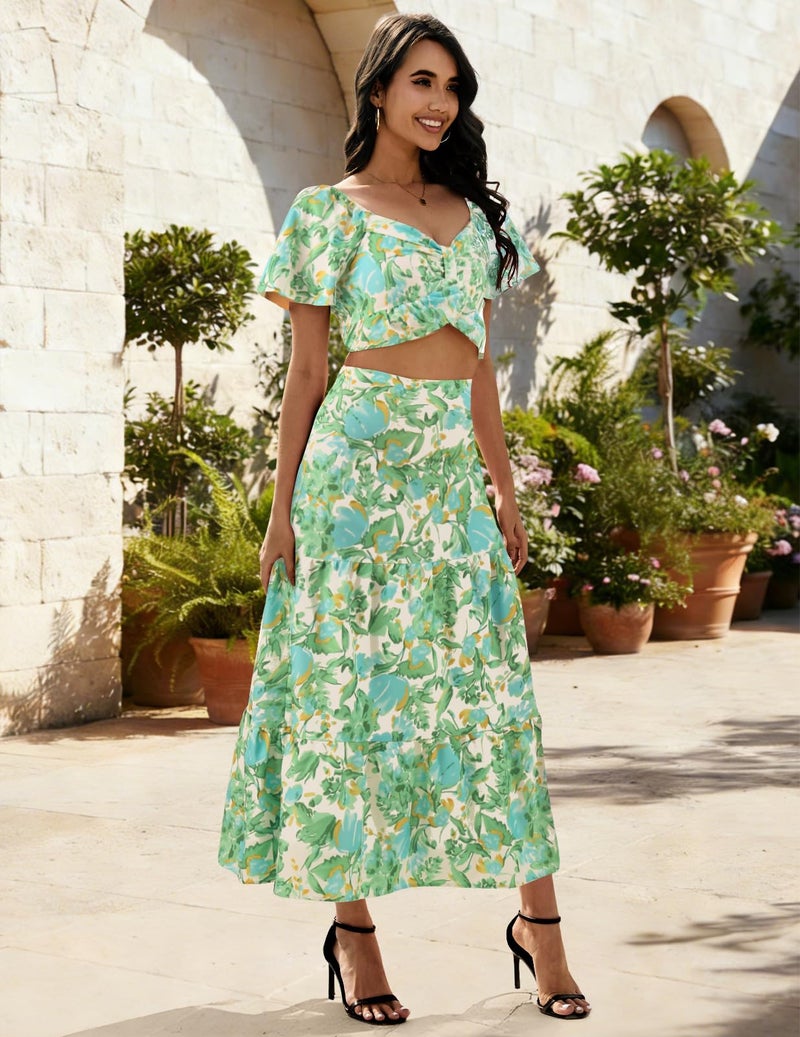 DRESSTELLS Women's 2 Piece Outfits, Floral Top Skirts Set, Spring Easter Dresses, Maxi Summer Tropical Boho Vacation Beach Suits 2026 Green Blue Flower S - Image 4