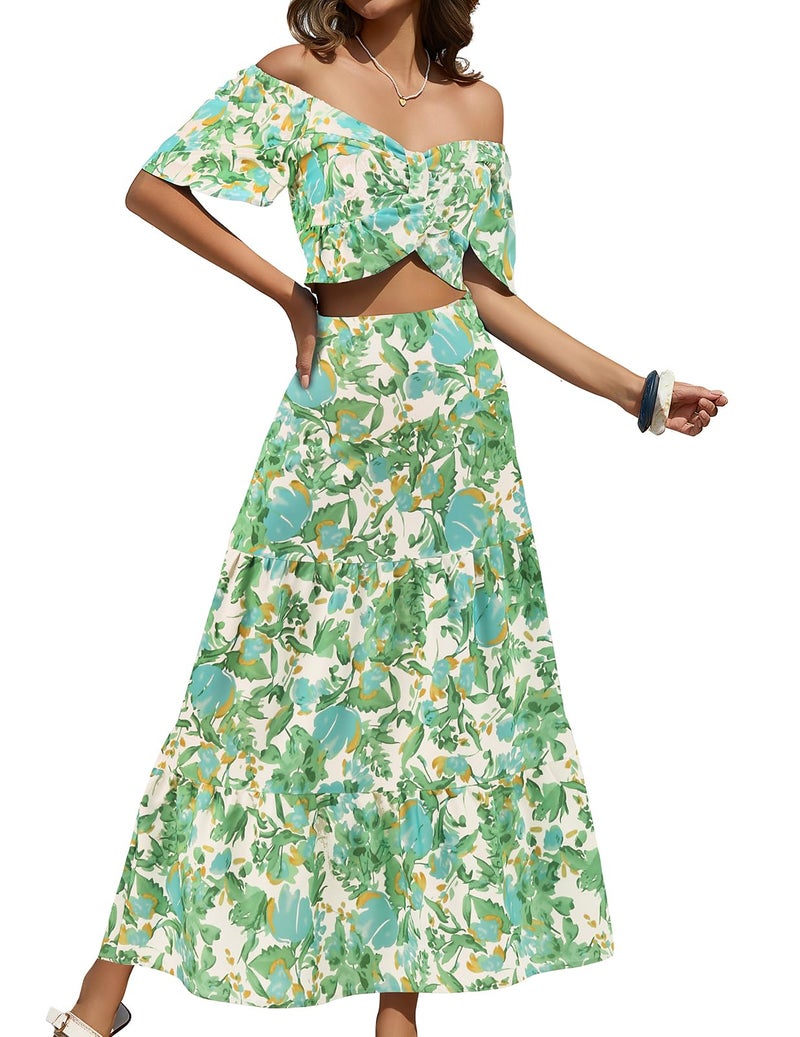 DRESSTELLS Women's 2 Piece Outfits, Floral Top Skirts Set, Spring Easter Dresses, Maxi Summer Tropical Boho Vacation Beach Suits 2026 Green Blue Flower S - Image 1