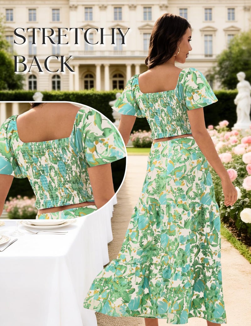 DRESSTELLS Women's 2 Piece Outfits, Floral Top Skirts Set, Spring Easter Dresses, Maxi Summer Tropical Boho Vacation Beach Suits 2026 Green Blue Flower S - Image 2