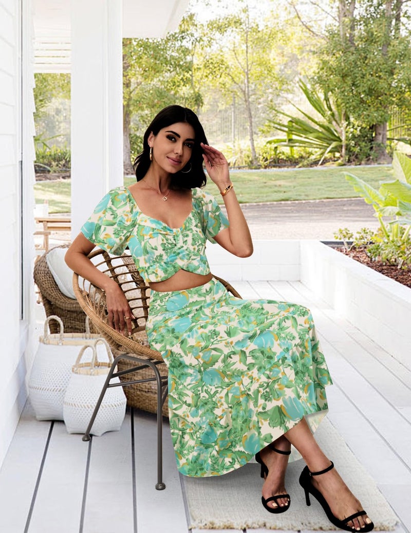 DRESSTELLS Women's 2 Piece Outfits, Floral Top Skirts Set, Spring Easter Dresses, Maxi Summer Tropical Boho Vacation Beach Suits 2026 Green Blue Flower S - Image 5