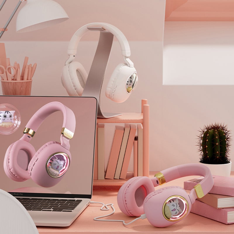 Cute Cartoon Wireless BT5.3 Headphones Over Ear Gaming Headset Cute Animal Design AUX IN Wired Earphone with Colorful Atmosphere Light Foldable Soft Ear Cushions - Image 5