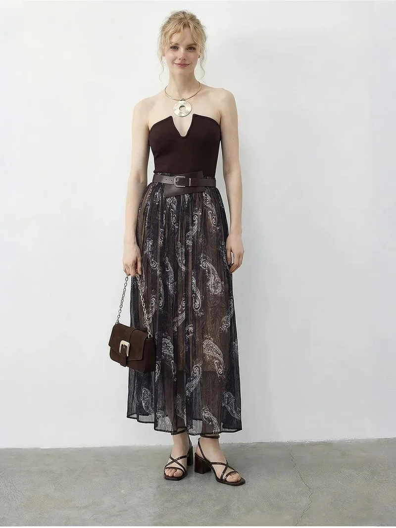 Bianco Lucci Navy Blue LUCCI High Waist Paisley Maxi Skirt with Belt for Women | Best Price UAE