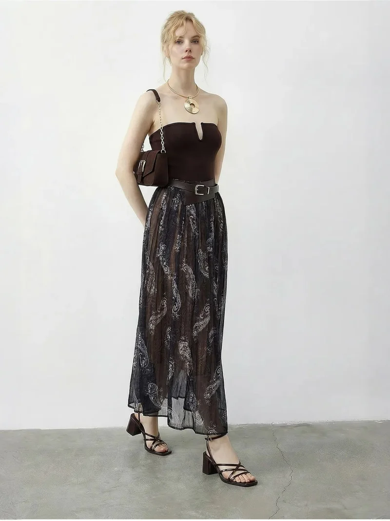 LUCCI High Waist Paisley Maxi Skirt with Belt