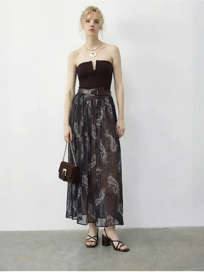 Bianco Lucci Navy Blue LUCCI High Waist Paisley Maxi Skirt with Belt for Women | Best Price UAE