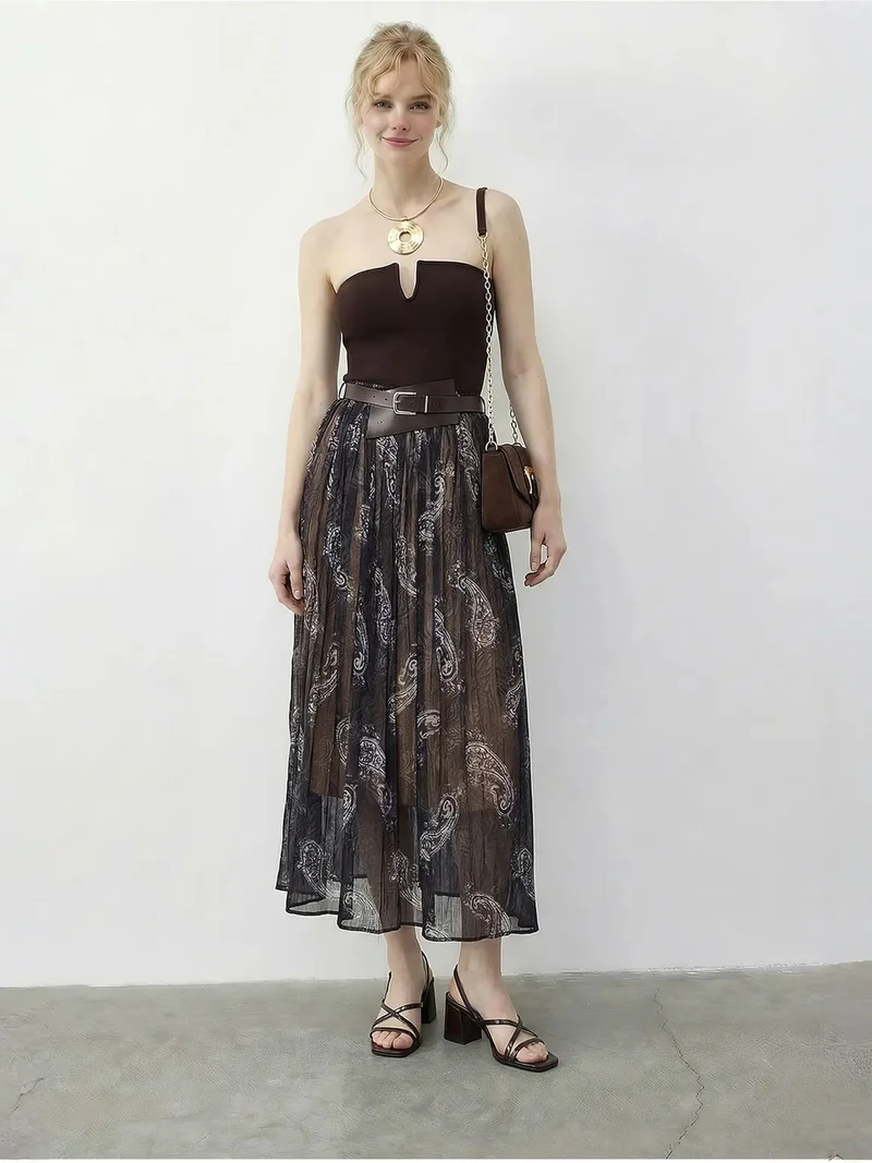 Bianco Lucci Navy Blue LUCCI High Waist Paisley Maxi Skirt with Belt for Women | Best Price UAE