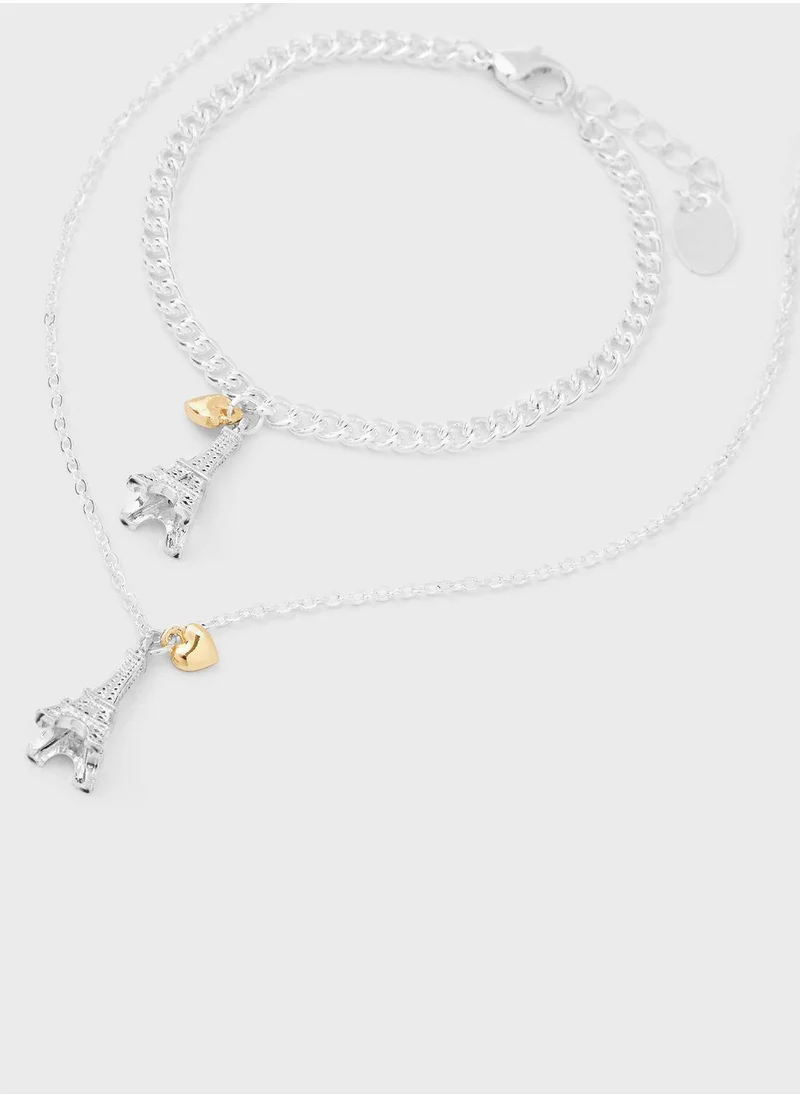 Claires Kids Eiffel Tower Pendant Necklace & Bracelet Set