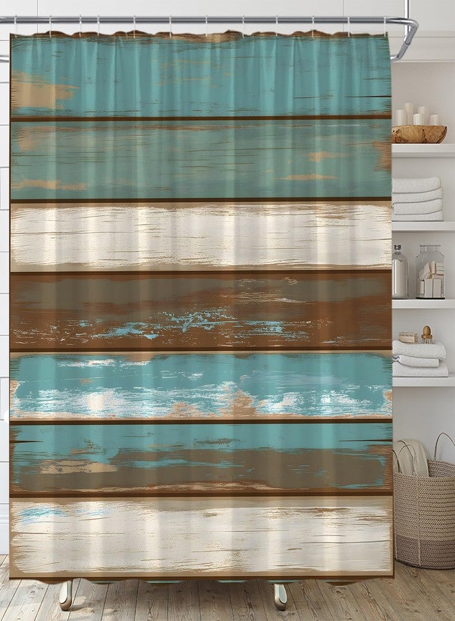 YSATNSFT Rustic Wooden Board Shower Curtain Farmhouse Barn Door Brown Blue Teal Country Life Theme Grunge Planks Fabric Bathroom Decor Set with Hooks,(70" WX70 H) - Image 1