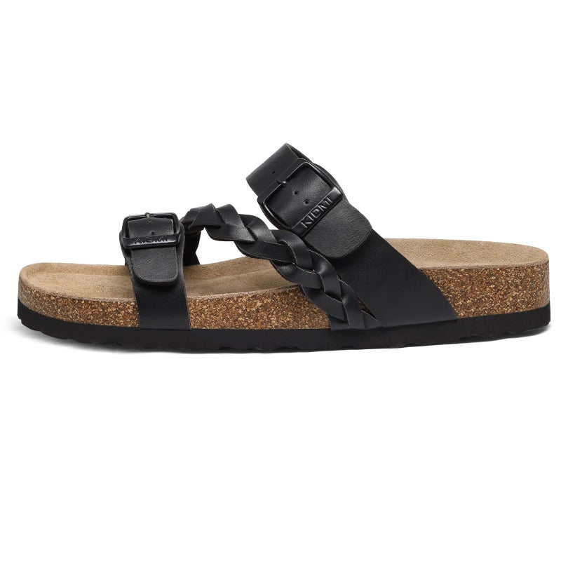KIDMI Women's Cork Footbed Sandals with Arch Support Comfortable Slip-On Slide Sandals With Adjustable Buckle for Summer, Black Matte 39 - Image 4