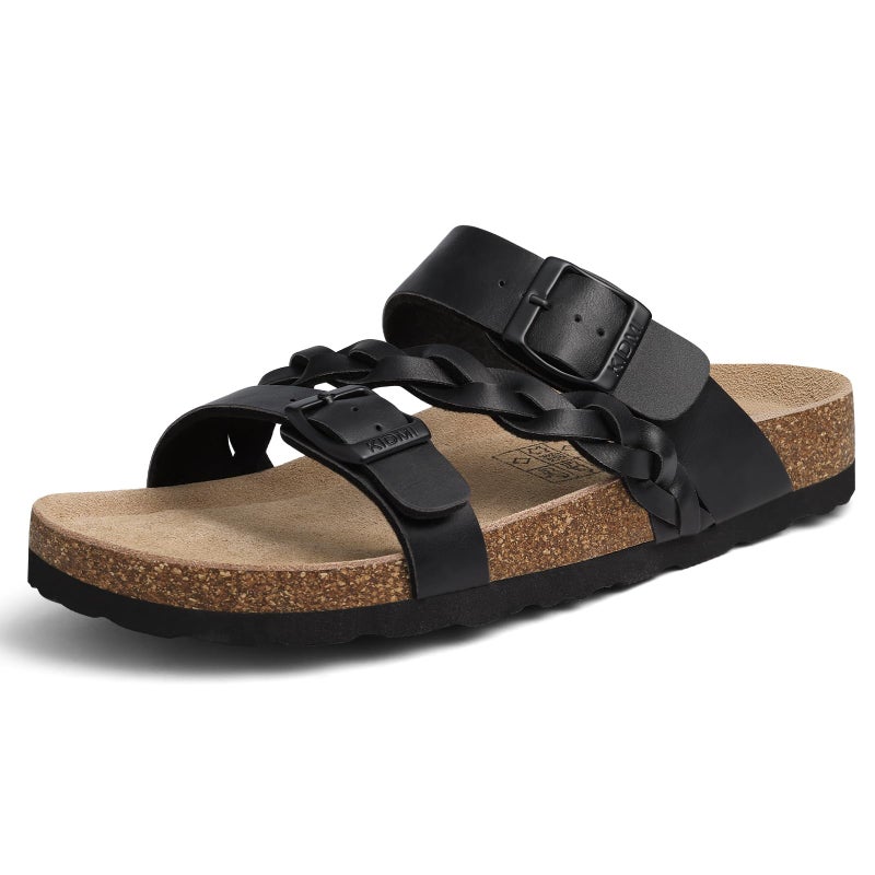 KIDMI Women's Cork Footbed Sandals with Arch Support Comfortable Slip-On Slide Sandals With Adjustable Buckle for Summer, Black Matte 39 - Image 1