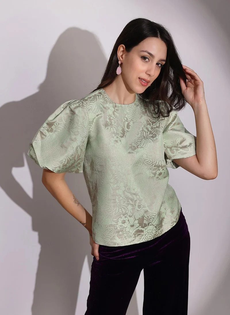 جلو باص Globus Women Green Round Neck Balloon Sleeves Floral Brocade Party Top