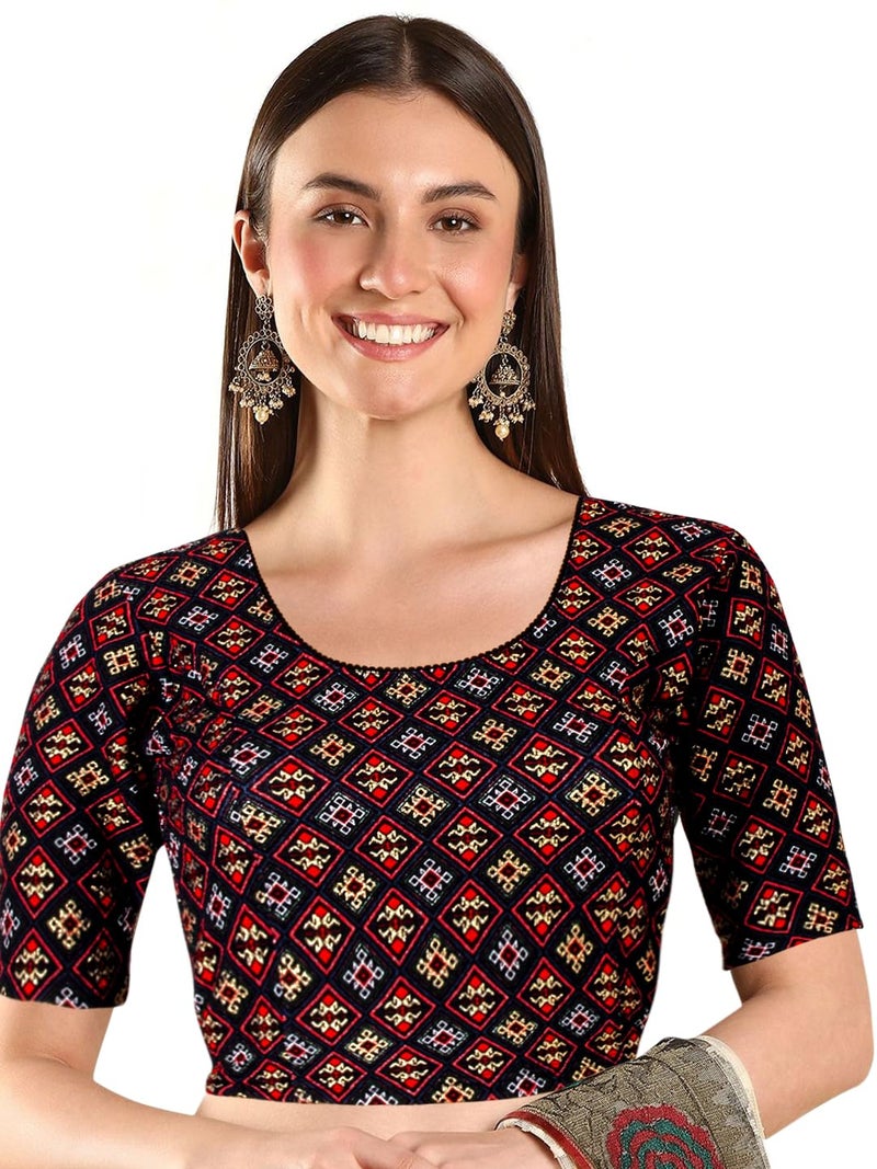 Chandrakala Stretchable Blouses for Women Sarees,Readymade,Black Red, Small-Medium (B227BLA3) - Image 1