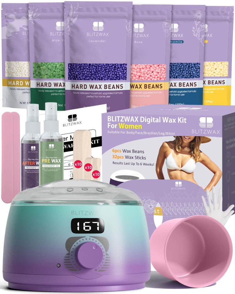 BLITZWAX Brazilian and Bikini Waxing Kit for Women, Hard Wax Warmer for Face, Legs, and Body, At Home Hair Removal Kit, Beginner Friendly, Quick Heating, 32pcs Wax Spatulas - Image 1