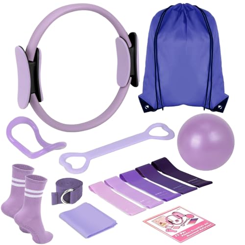 HAKELPOK Pilates Kit for Home Workouts Yoga for Women-12-Piece with Ring,Yoga Ball,5 Resistance Bands,Figure-8 Band,Arm Stretcher,Grippy Socks,Storage Bag for Toning,Strength & Flexibility(Purple) - Image 1
