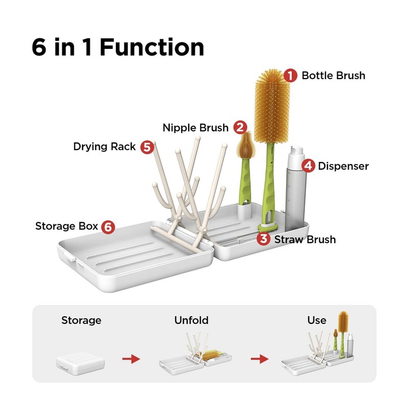 YOTIME Travel Bottle Brush, Travel Bottle Cleaner Kit with Foldable Bottle Drying Rack, for Visit Friends and Relations, Baby Travel Essentials, BPA Free, White - Image 3