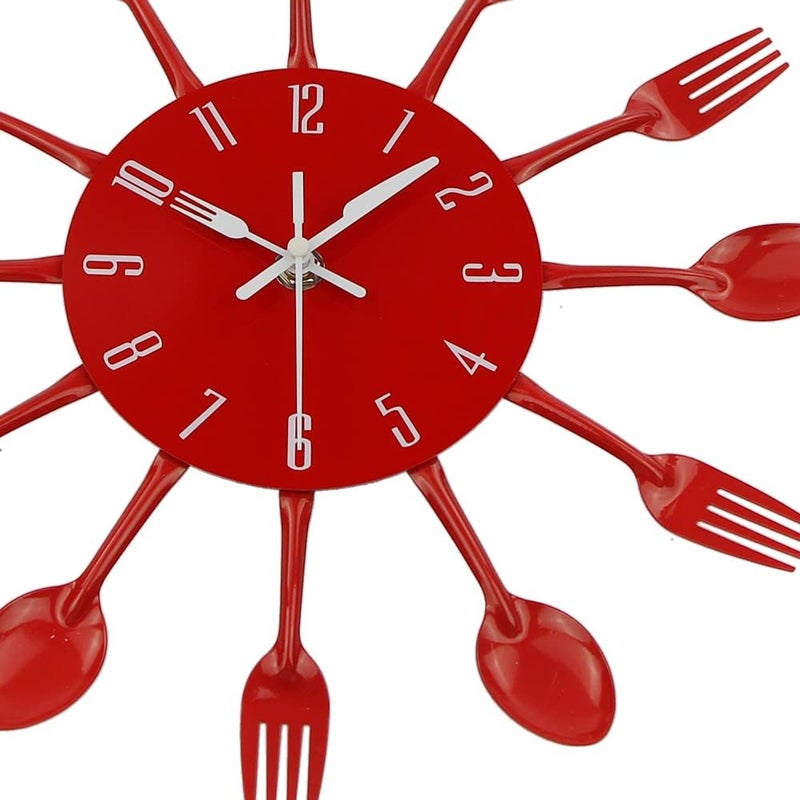 Timelike Kitchen Wall Clock, 3D Removable Modern Creative Cutlery Kitchen Spoon Fork Wall Clock Mirror Wall Decal Wall Sticker Room Home Decoration (Red) - Image 5