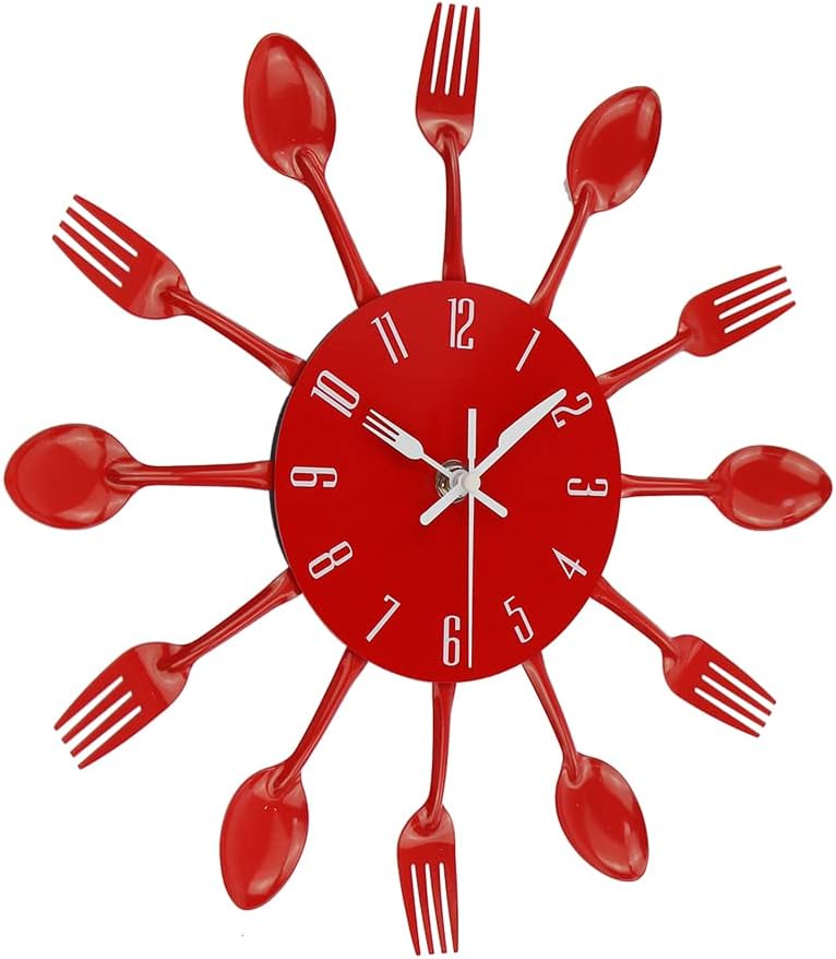 Timelike Kitchen Wall Clock, 3D Removable Modern Creative Cutlery Kitchen Spoon Fork Wall Clock Mirror Wall Decal Wall Sticker Room Home Decoration (Red) - Image 4
