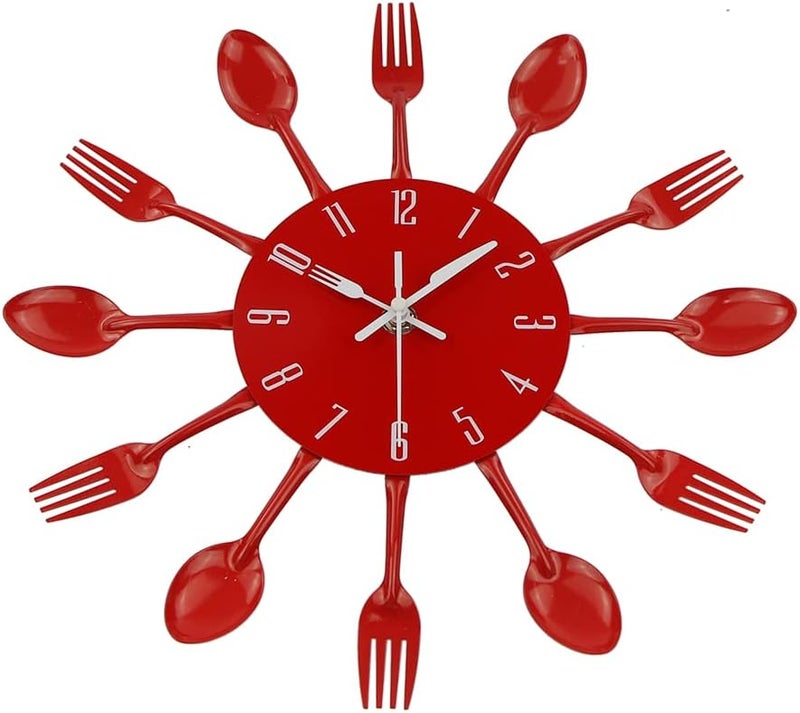 Timelike Kitchen Wall Clock, 3D Removable Modern Creative Cutlery Kitchen Spoon Fork Wall Clock Mirror Wall Decal Wall Sticker Room Home Decoration (Red) - Image 2