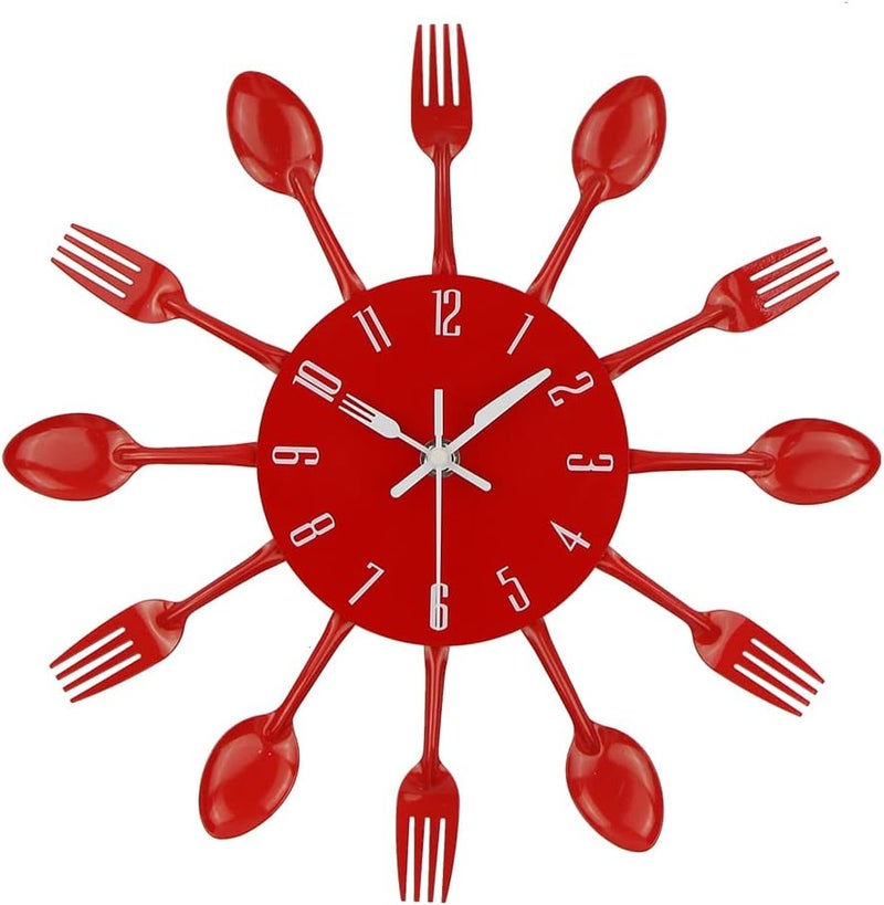 Timelike Kitchen Wall Clock, 3D Removable Modern Creative Cutlery Kitchen Spoon Fork Wall Clock Mirror Wall Decal Wall Sticker Room Home Decoration (Red) - Image 1