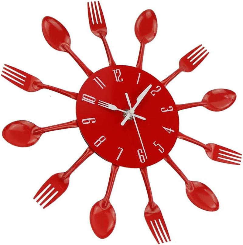 Timelike Kitchen Wall Clock, 3D Removable Modern Creative Cutlery Kitchen Spoon Fork Wall Clock Mirror Wall Decal Wall Sticker Room Home Decoration (Red) - Image 3