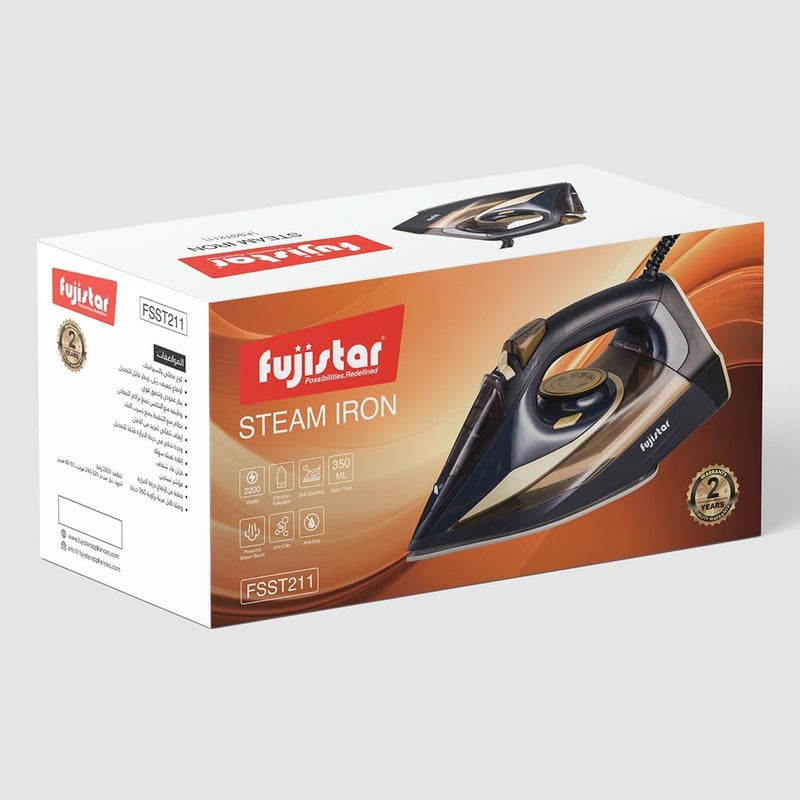 fujistar Steam Iron FSST211, 2200W, Ceramic Soleplate, Anti-Calc, Anti-Drip, Auto Shut-Off, 350ml Water Tank - Image 2