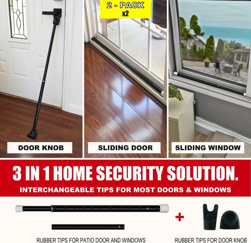 Security Man 2-in-1 Door Security Bar & Sliding Patio Door Security Bar (2 Pack) via Interchangeable Caps - Heavy Duty Iron Construction Door Stoppers Lock for Home, Apartment, Travel Hotel - Black - Image 2