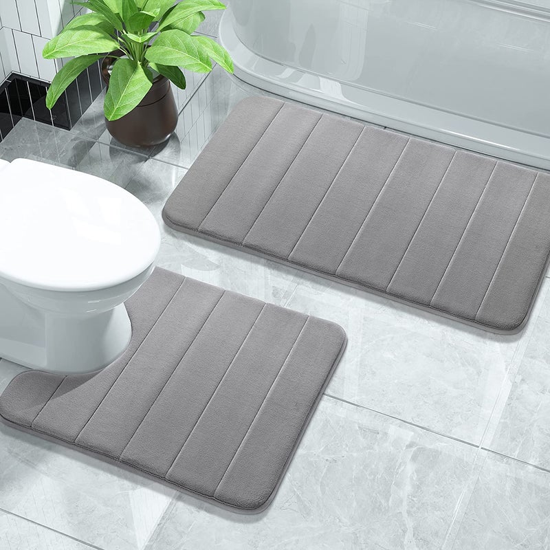 Onlyeasy 2 Piece Memory Foam Rectangular Bath Mat Set, 31.5X19.8 + 24X20 U-Shaped Bathroom Rugs, Toilet Mat, Water Absorption, Non Slip, Thick, Dry Fast (Grey) - Image 1