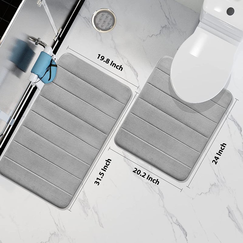 Onlyeasy 2 Piece Memory Foam Rectangular Bath Mat Set, 31.5X19.8 + 24X20 U-Shaped Bathroom Rugs, Toilet Mat, Water Absorption, Non Slip, Thick, Dry Fast (Grey) - Image 2