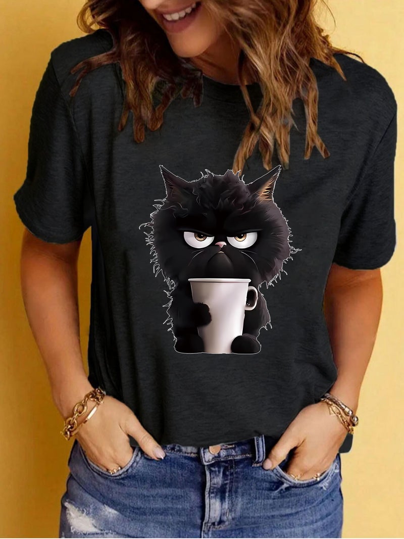 Summer Women'S Cat Cup Pattern Printing Round Neck Short Sleeve Casual Fashion Explosion T-Shirt - Image 1