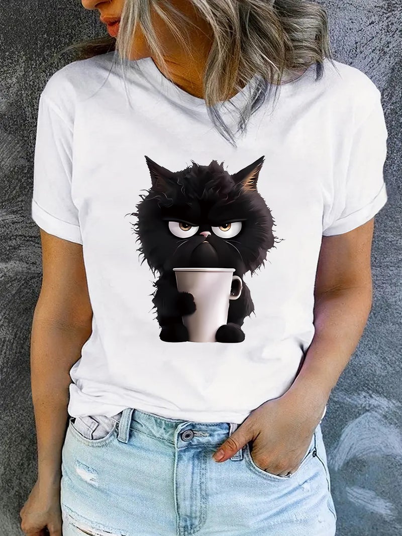 Summer Women'S Cat Cup Pattern Printing Round Neck Short Sleeve Casual Fashion Explosion T-Shirt - Image 2
