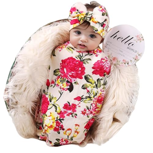 Galabloomer Newborn Receiving Blanket Headband Set Flower Print Baby Swaddle Blankets (ivory flower) - Image 1