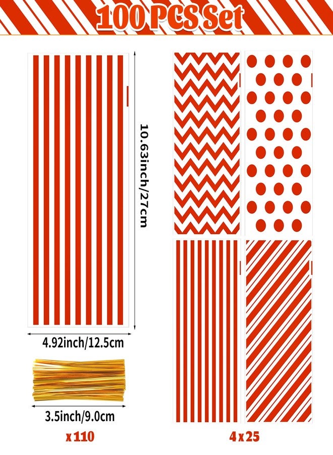 ZYLOP 100 PCS Red Cellophane Treat Bags - 5x11 In Clear Candy Bags with Red Stripes and 110 Gold Ties, Plastic Goodie Bag for Popcorn, Circus Carnival Birthdays, Movie Night Favors & Gift Packaging - Image 2