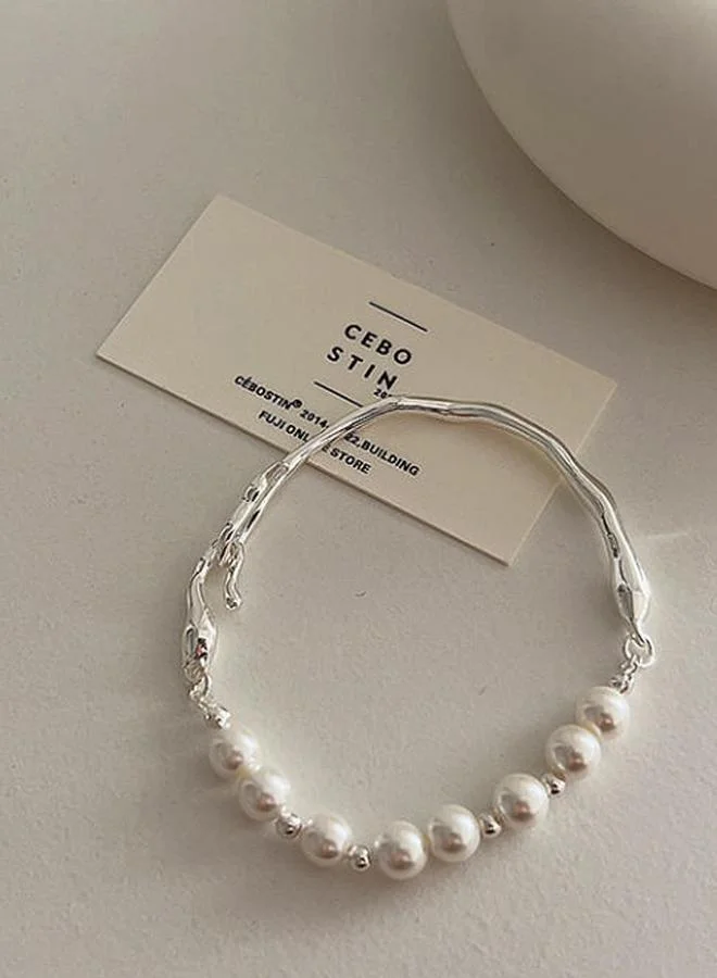 Silver Cuff Bracelet with Faux Pearls