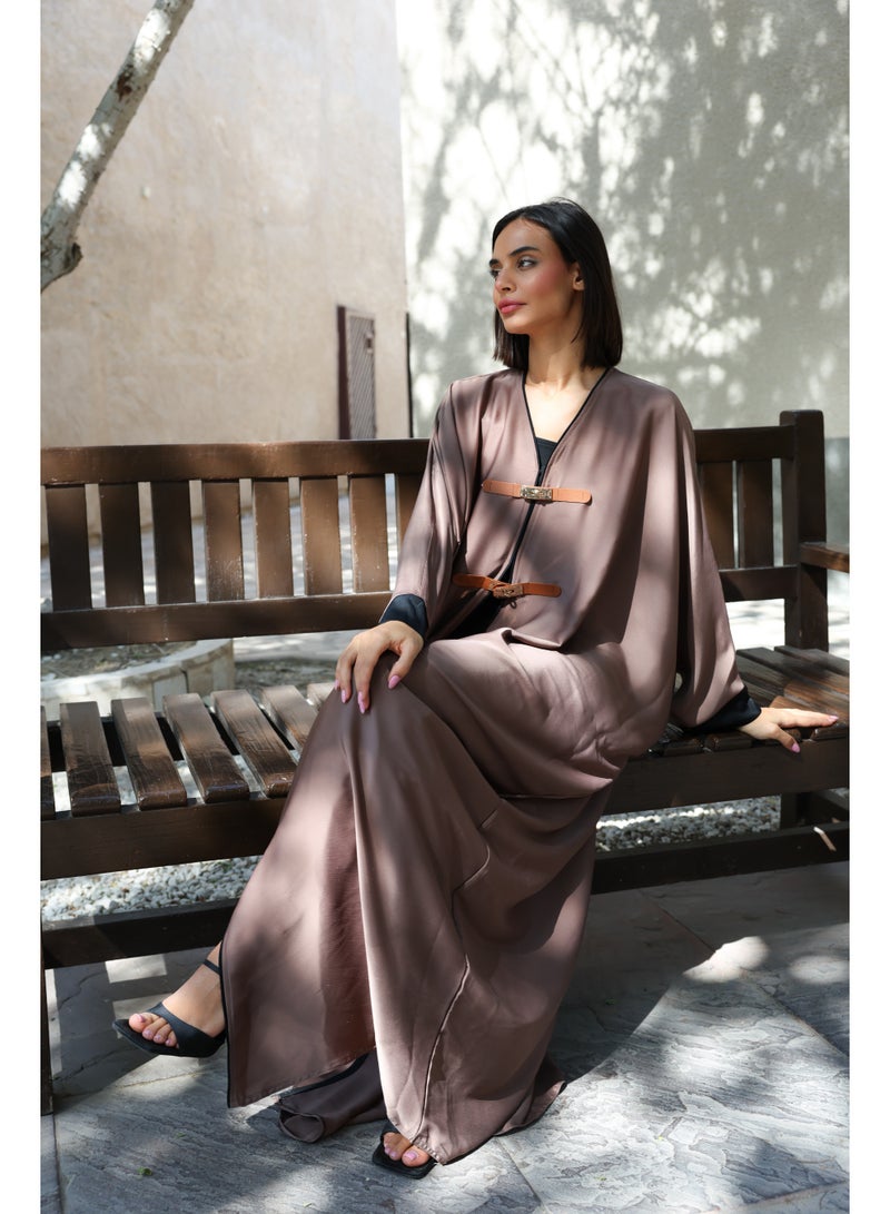 Abaya by Mariam Abaya Afifa - Modern Elegance Two Pieces Set Premium TikTok Fabric with Luxury Finish Mocha Brown Color | Womens Abaya  - Image 2