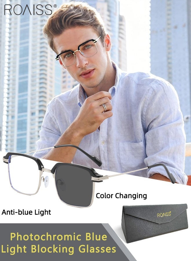 roaiss Men's Rectangular Anti-Blue Light Glasses,Anti UV Computer Readers Anti Blue Light HD Reading Glasses Flat Light Mirror Eyeglasses for Men Anti Eyestrain Color Changing Glasses Black Silver - Image 1