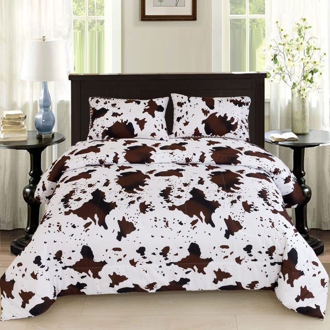 QUEEN SIZE COW PRINT BEDDING COMFORTER SET BROWN WHITE COWHIDE WESTERN COMFORTER SETS GEOMETRIC CHECKERED REVERSIBLE COWBOY QUILT SET BROWN WHITE QUEEN