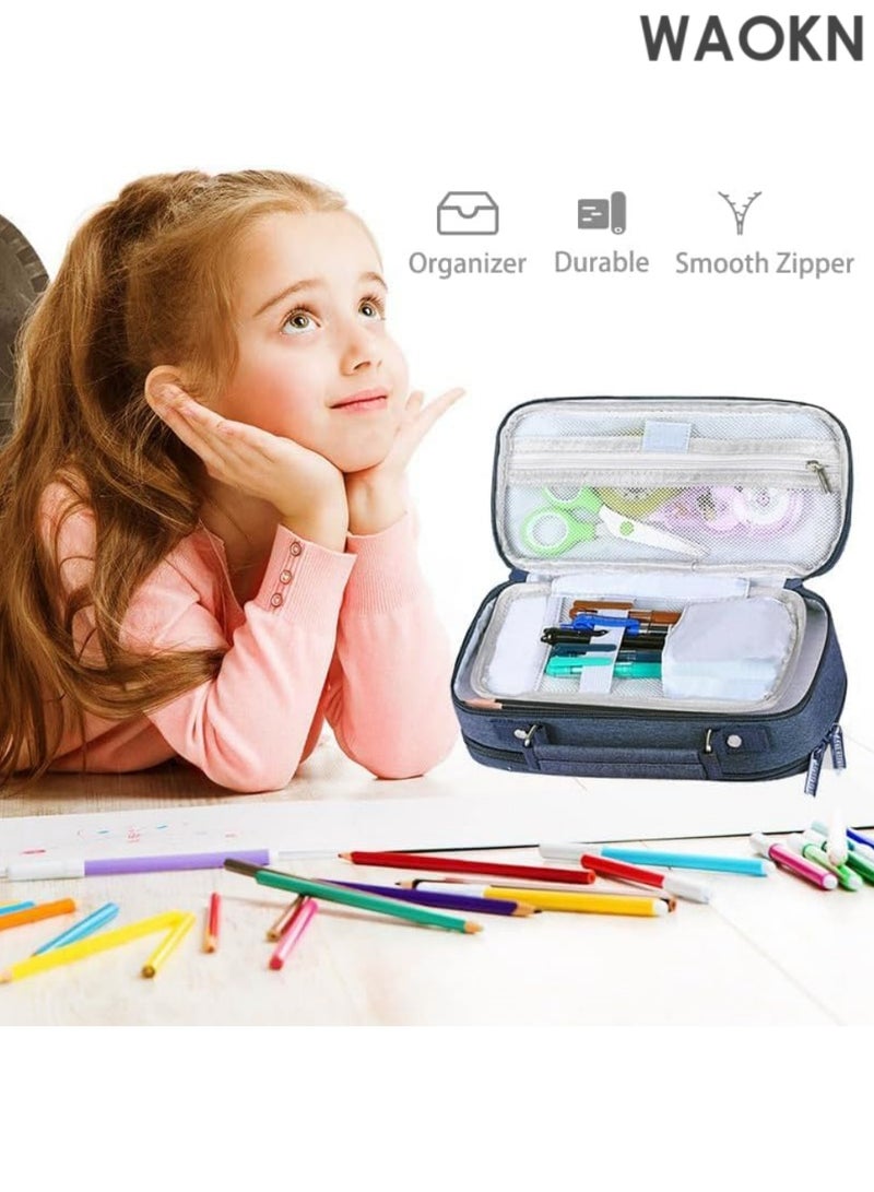 دبليو أيه أو كي أن حافظة أقلام رصاص كبيرة السعة بمقبض - منظم تخزين كبير للمدرسة والمكتب بثلاثة أقسام، تتسع لـ 1000 قلم رصاص ولوازم فنية - حقيبة أقلام رصاص زرقاء داكنة متينة بسحاب للطلاب والمعلمين والمحترفين - Image 3