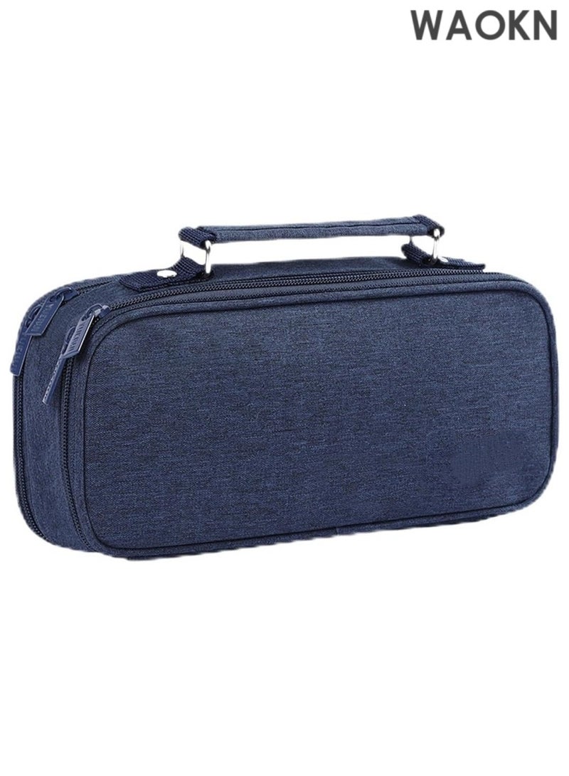 دبليو أيه أو كي أن حافظة أقلام رصاص كبيرة السعة بمقبض - منظم تخزين كبير للمدرسة والمكتب بثلاثة أقسام، تتسع لـ 1000 قلم رصاص ولوازم فنية - حقيبة أقلام رصاص زرقاء داكنة متينة بسحاب للطلاب والمعلمين والمحترفين - Image 1