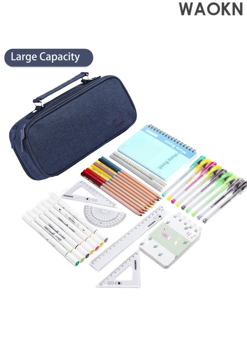 دبليو أيه أو كي أن حافظة أقلام رصاص كبيرة السعة بمقبض - منظم تخزين كبير للمدرسة والمكتب بثلاثة أقسام، تتسع لـ 1000 قلم رصاص ولوازم فنية - حقيبة أقلام رصاص زرقاء داكنة متينة بسحاب للطلاب والمعلمين والمحترفين - Image 2