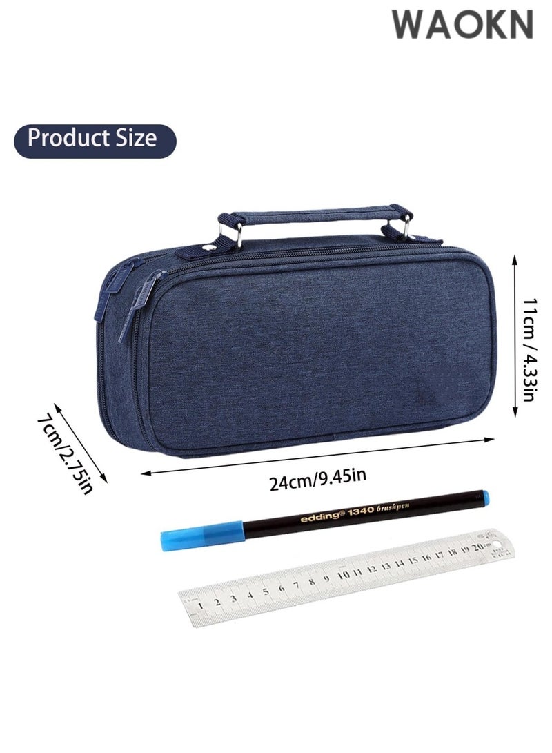 دبليو أيه أو كي أن حافظة أقلام رصاص كبيرة السعة بمقبض - منظم تخزين كبير للمدرسة والمكتب بثلاثة أقسام، تتسع لـ 1000 قلم رصاص ولوازم فنية - حقيبة أقلام رصاص زرقاء داكنة متينة بسحاب للطلاب والمعلمين والمحترفين - Image 5