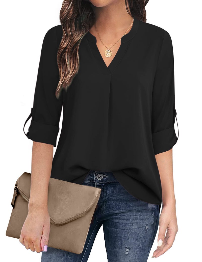 Timeson Black Blouses for Women,3/4 Sleeve Tunics Tops for Women Ladies Dressy Shirts V Neck Chiffon Blouse for Business Casual Fashion 2022 Office Work Blouse Career Formal Clothes Funeral - Image 1