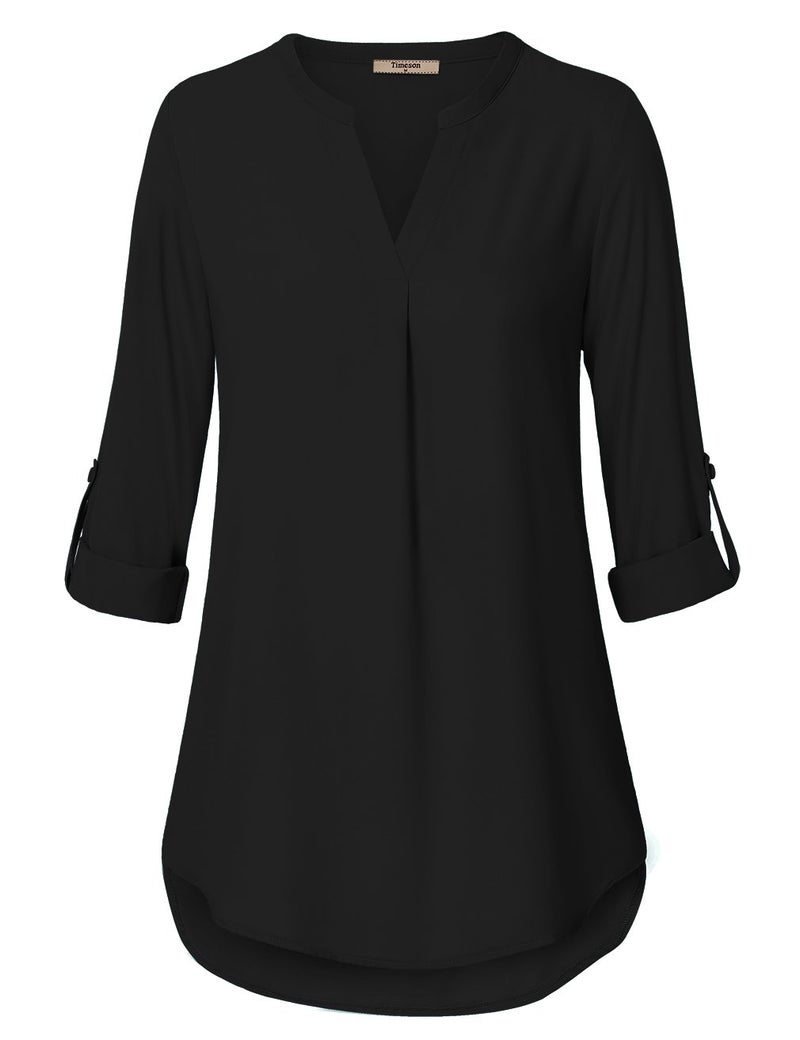 Timeson Black Blouses for Women,3/4 Sleeve Tunics Tops for Women Ladies Dressy Shirts V Neck Chiffon Blouse for Business Casual Fashion 2022 Office Work Blouse Career Formal Clothes Funeral - Image 2
