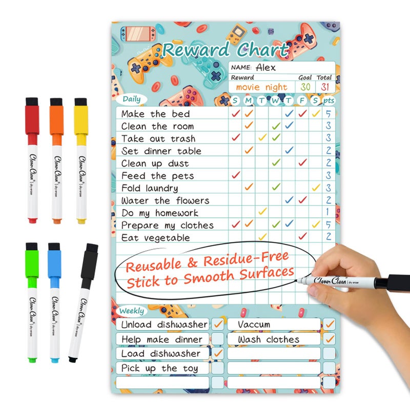Clever Clean Dry Erase Chore Chart for Kids, Reusable Reward Chart, Non-Magnetic Kids Chore Board Clings to Any Smooth Surfaces, 6 Dry Erase Markers Included (Video Game) - Image 1