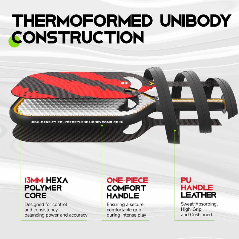 Warping Point Ascent Pickleball Paddles | Carbon Fiber Pickleball Racket with Aero Throat | Textured Grit Surface | 13mm Hexa Polymer Core | USAPA Approved | Designed for Power & Spin | Red - Image 4