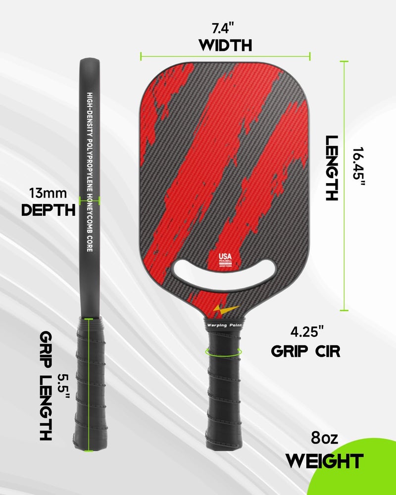 Warping Point Ascent Pickleball Paddles | Carbon Fiber Pickleball Racket with Aero Throat | Textured Grit Surface | 13mm Hexa Polymer Core | USAPA Approved | Designed for Power & Spin | Red - Image 5