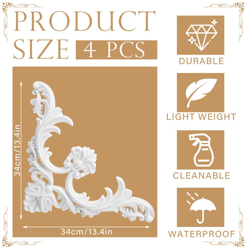 Colingmill 4 Pcs Ceiling Molding Kit Corners Murals Trim French Style Accent Wall Decor for Interior Medallion Ceiling with Flowers Pattern Decorative Panels for Wall (13.4 x 13.4 in,Classic) - Image 2